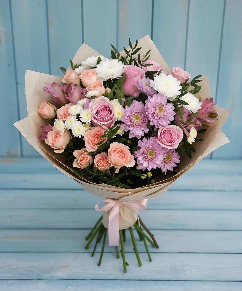 Букет цветов из: Хризантемы, Розы и Альстромерии в Ленинский Тульская область