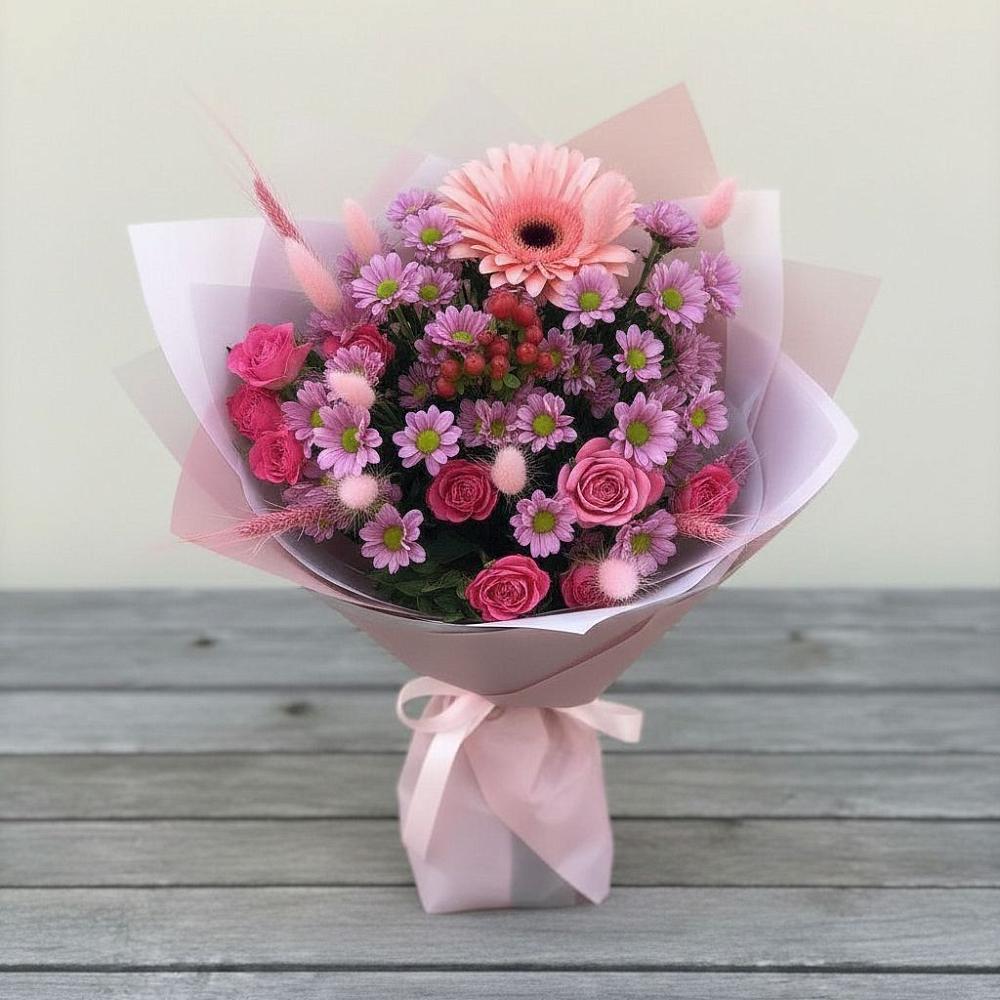 Букет цветов из: Розы, Герберы и Хризантемы в Ленинский Тульская область