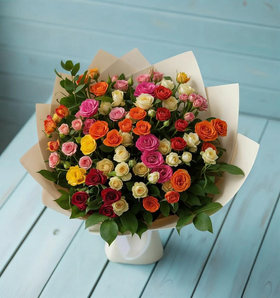 Букет Микс из разноцветных кустовых роз в Ленинский Тульская область