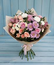 Букет цветов из:  Хризантемы, Розы и Альстромерии в Ленинский Тульская область