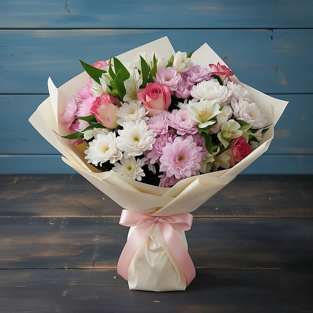 Букет цветов из: Хризантемы, Альстромерии и Розы в Ленинский Тульская область